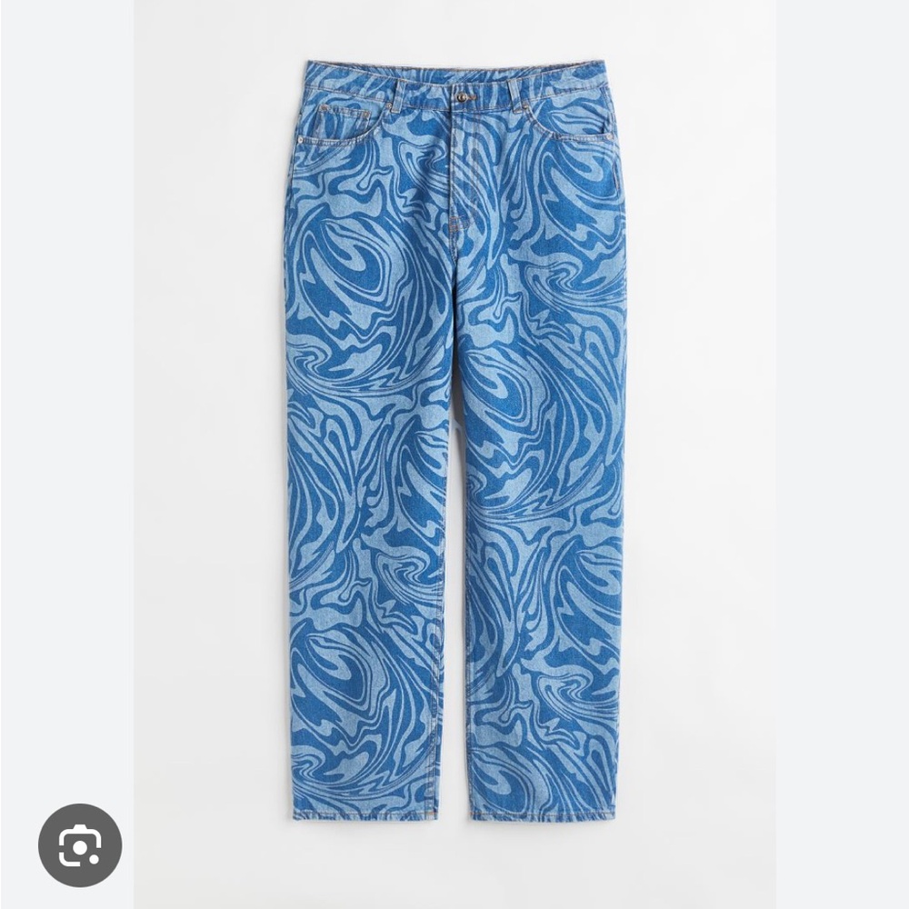 H&M Divided 90s Baggy High Rise Jeans with Blue Pattern Swirl, Size 10